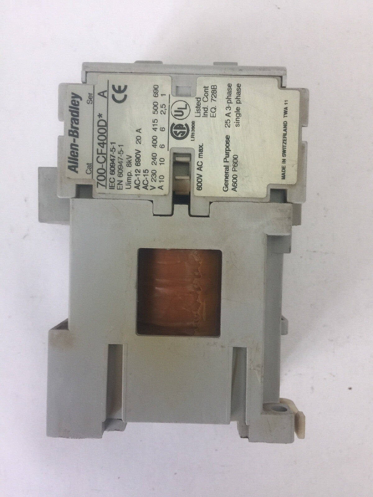 ALLEN BRADLEY 700-CF400D* CONTACTOR  SER A 600VAC 25A COIL 24VDC