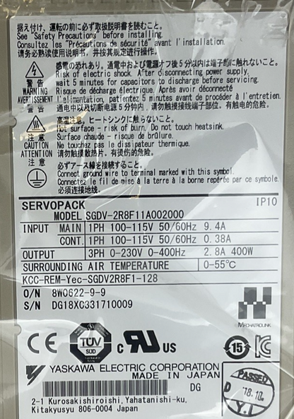 YASKAWA SGDV-2R8F11A002000 SERVO DRIVE 3PH 9.4A 230V 400HZ