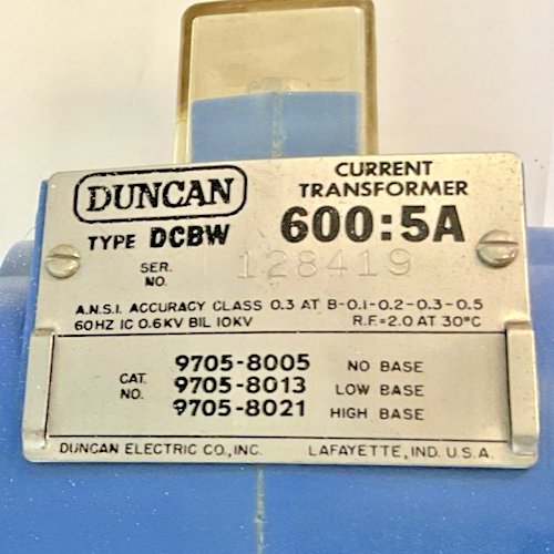 DUNCAN DCBW CURRENT TRANSFORMER  600:5A 60HZ ***LOTOF2***