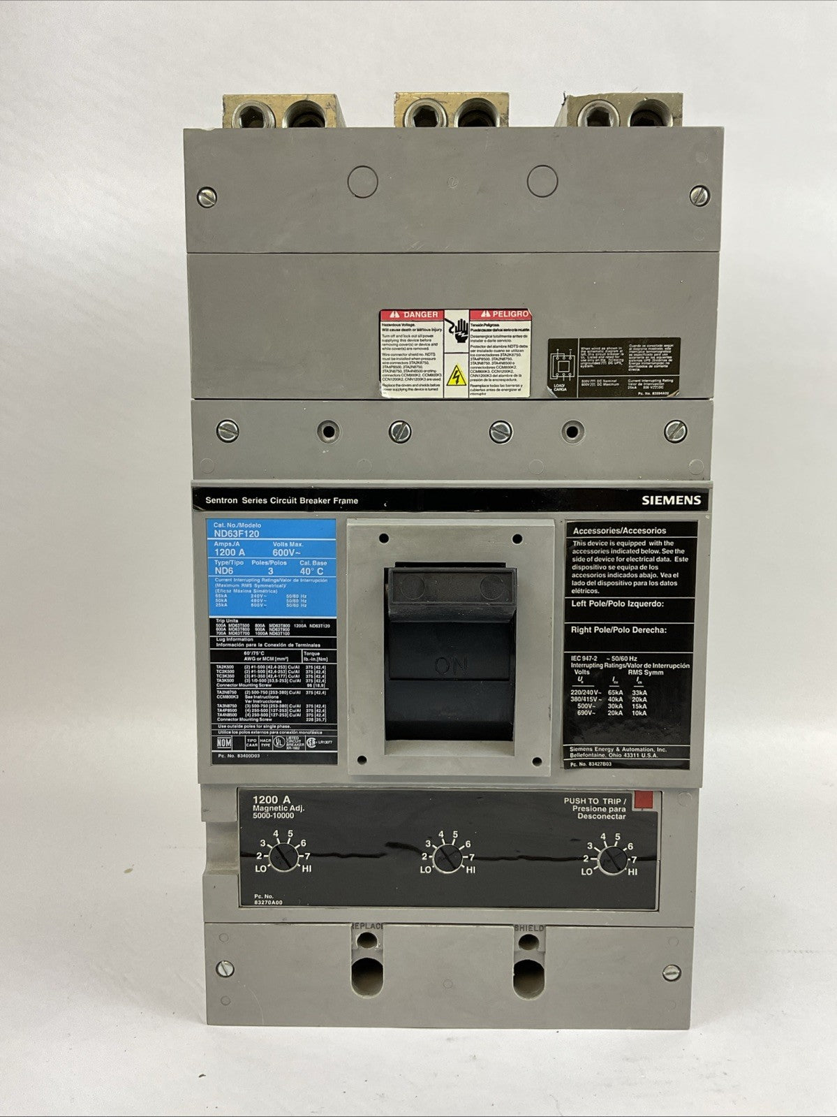 SIEMENS ND63F120 CIRCUIT BREAKER 1200A 600VAC 3POLE