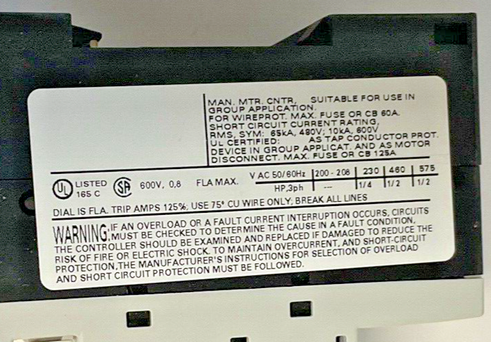 SIEMENS 3RV1011-0HA10 COMBINATION MOTOR CONTROL 0.55-0.8A