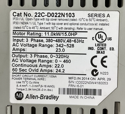 ALLEN BRADLEY 22C-D022N103 AC DRIVE SER A FRN 6.01 OUTPUT 0-460VAC