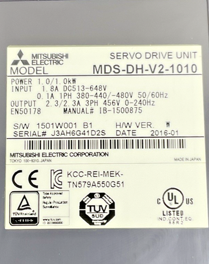 MITSUBISHI MDS-DH-V2-1010 SERVO DRIVE 1.0KW 1.8A 240HZ H/W VER.W 456V