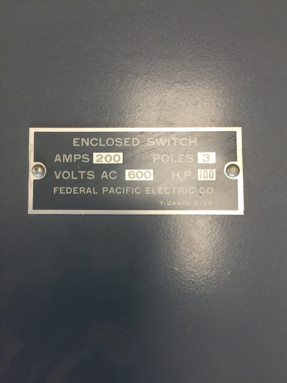 FPE RHQ5236 HEAVY DUTY TYPE A SAFETY SWITCH NON-FUSIBLE 200A 600VAC RAINTIGHT