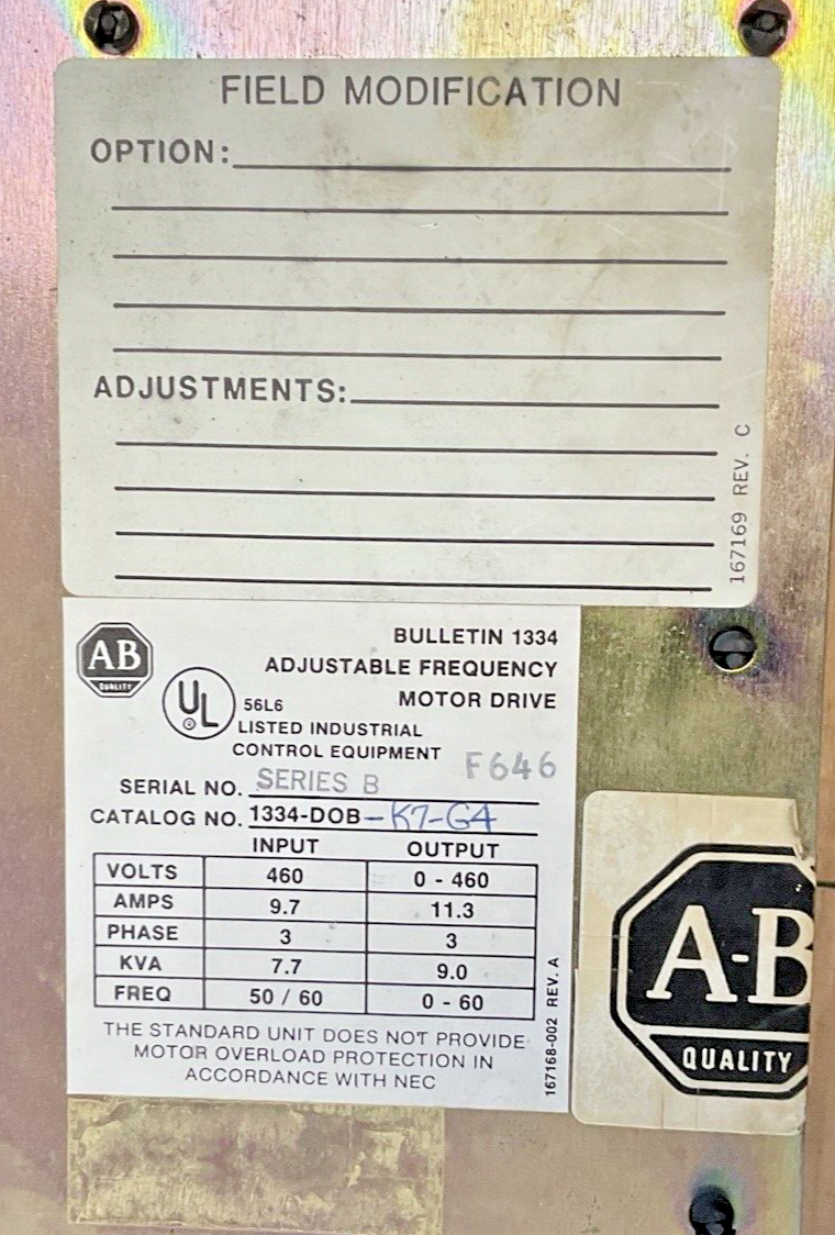ALLEN-BRADLEY 1334-DOB-K7-G4 ADJUSTABLE FREQUENCY DRIVE 460V 3PH 11.3A