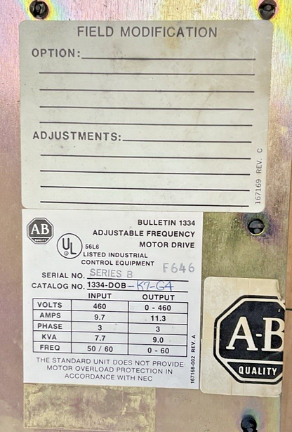 ALLEN-BRADLEY 1334-DOB-K7-G4 ADJUSTABLE FREQUENCY DRIVE 460V 3PH 11.3A