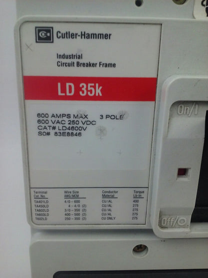 CUTLER HAMMER LD4600V THERMAL MAGNETIC TRIP UNIT CIRCUIT BREAKER 3P 600A 600V