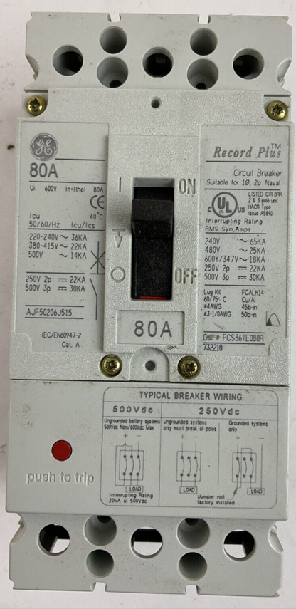 GE FCS36TE080R1 RECORD PLUS 80AMP 600V 3POLE CIRCUIT BREAKER GENERAL ELECTRIC