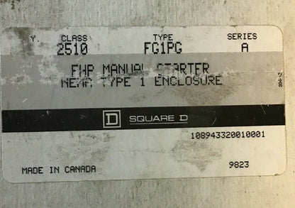 SQUARE D 2510 FG1PG SER. A FHP MANUAL STARTER NEMA TYPE ENCLOSURE