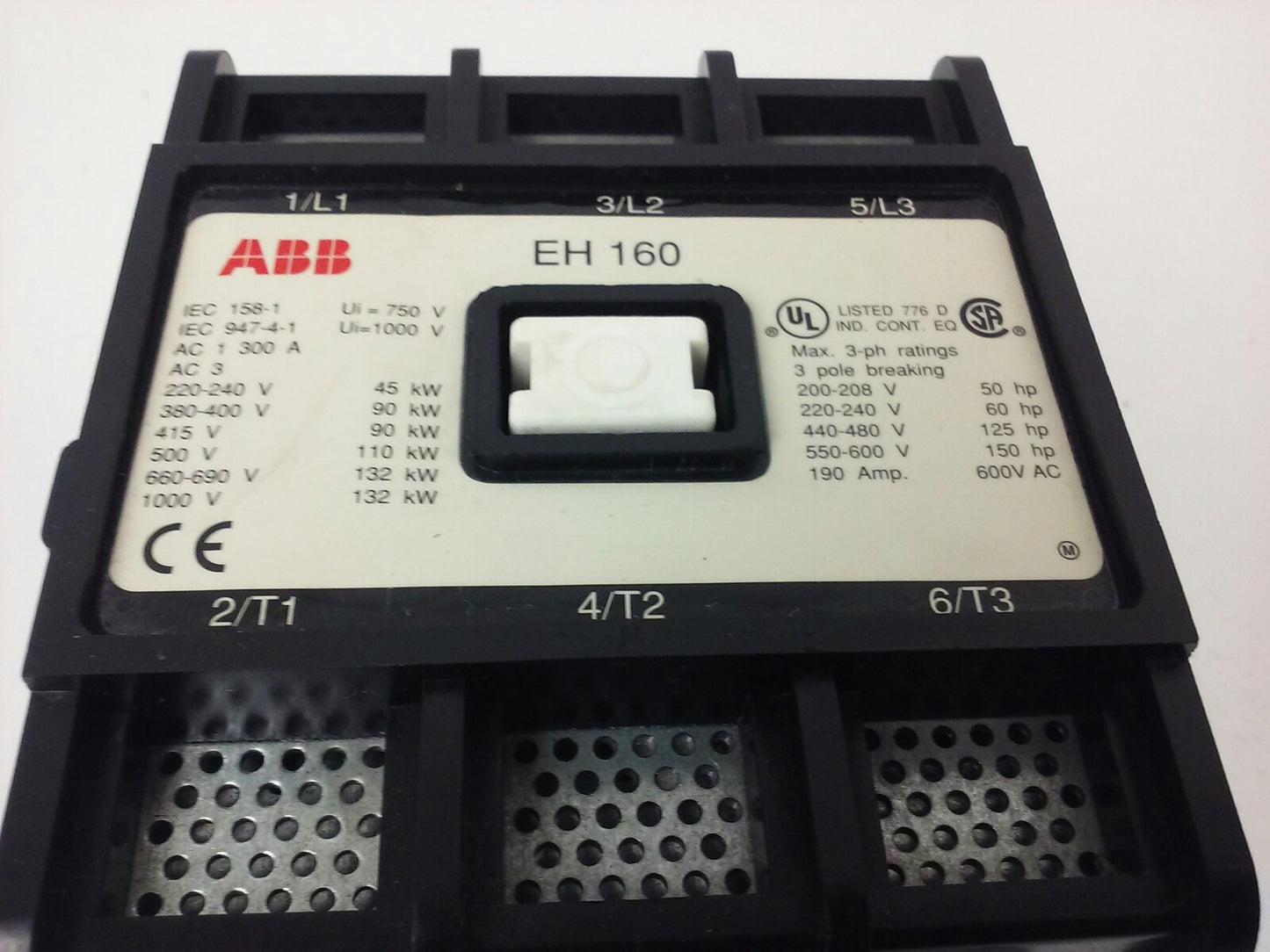 ABB EH160 CONTACTOR, 3PH, 3P BREAKING, 600V, 50-150H.P., 190A, 24V COIL, NEW