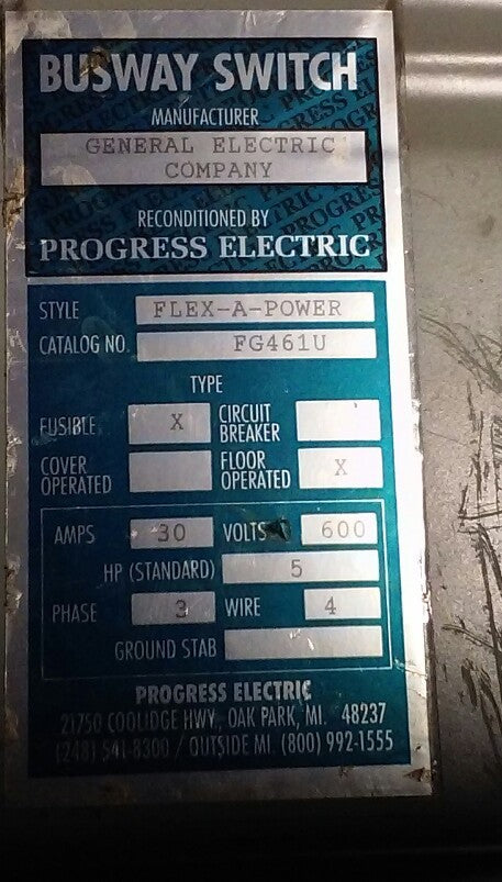 General Electric Flex-A-Power Busway SWITCH FG461U - 30 Amp, 600 Volt, 3-Pole
