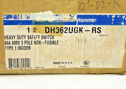 CUTLER HAMMER DH362UGK-RS HEAVY DUTY SAFETY SWITCH 60A 600V 3P NON FUSIBLE TYPE1