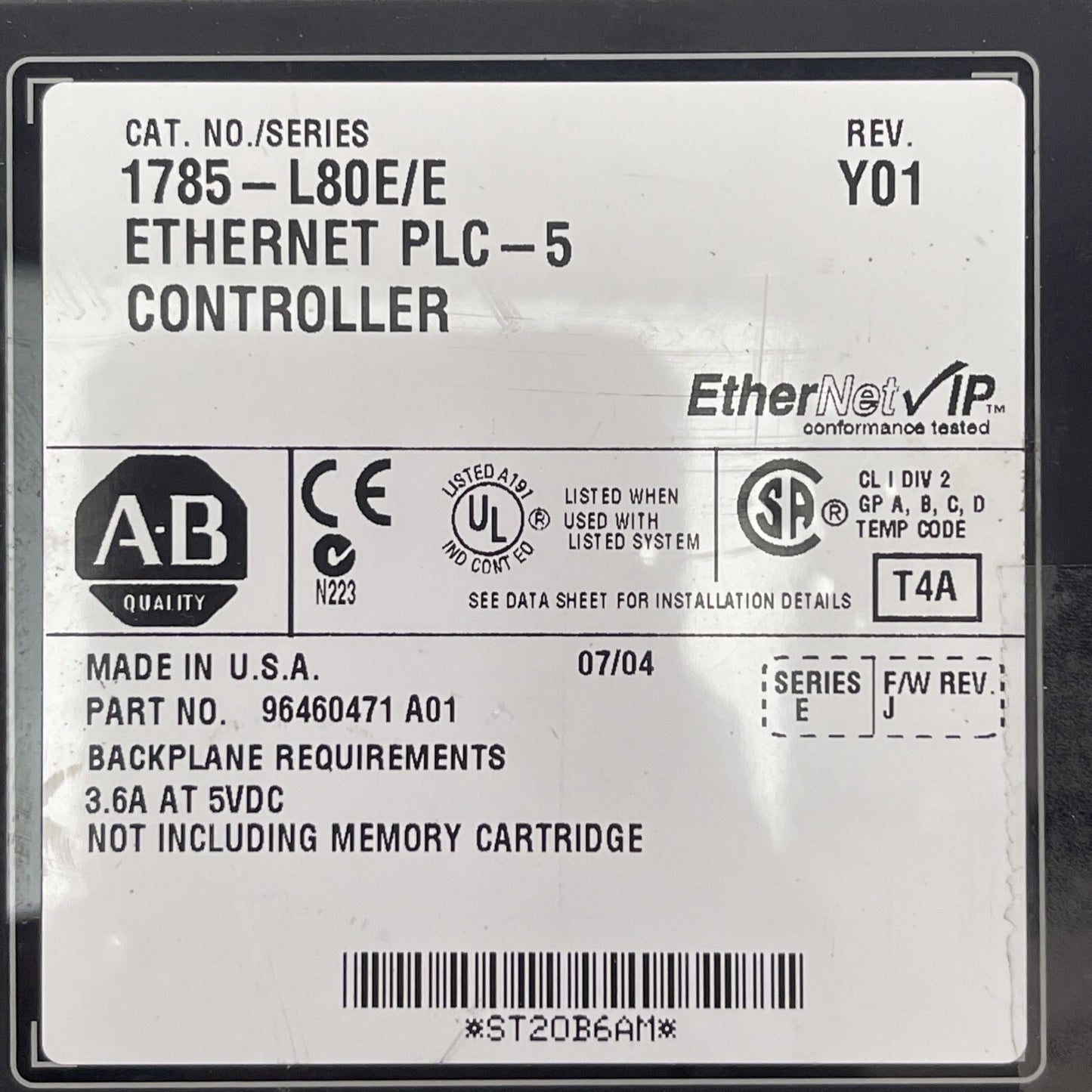ALLEN BRADLEY 1785-L80E/E ETHERNET PLC-5 CONTROLLER REV Y01 SERIES E F/W REV J