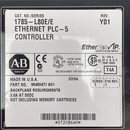 ALLEN BRADLEY 1785-L80E/E ETHERNET PLC-5 CONTROLLER REV Y01 SERIES E F/W REV J