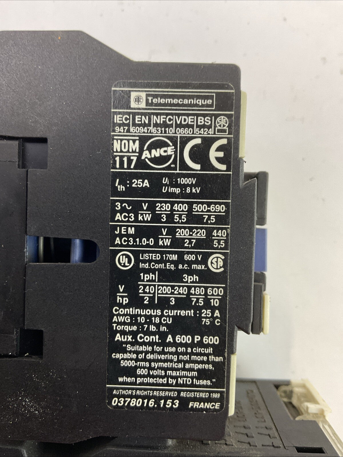 TELEMECHANIQUE STARTER (LC1 D1210 CONTACTOR 600VAC COIL 120V + LR2 D1310 4-6A)