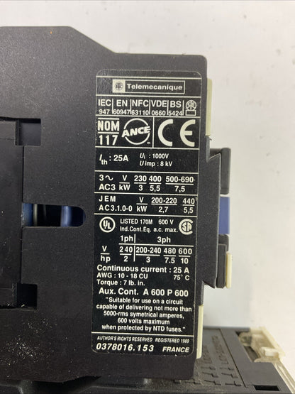 TELEMECHANIQUE STARTER (LC1 D1210 CONTACTOR 600VAC COIL 120V + LR2 D1310 4-6A)