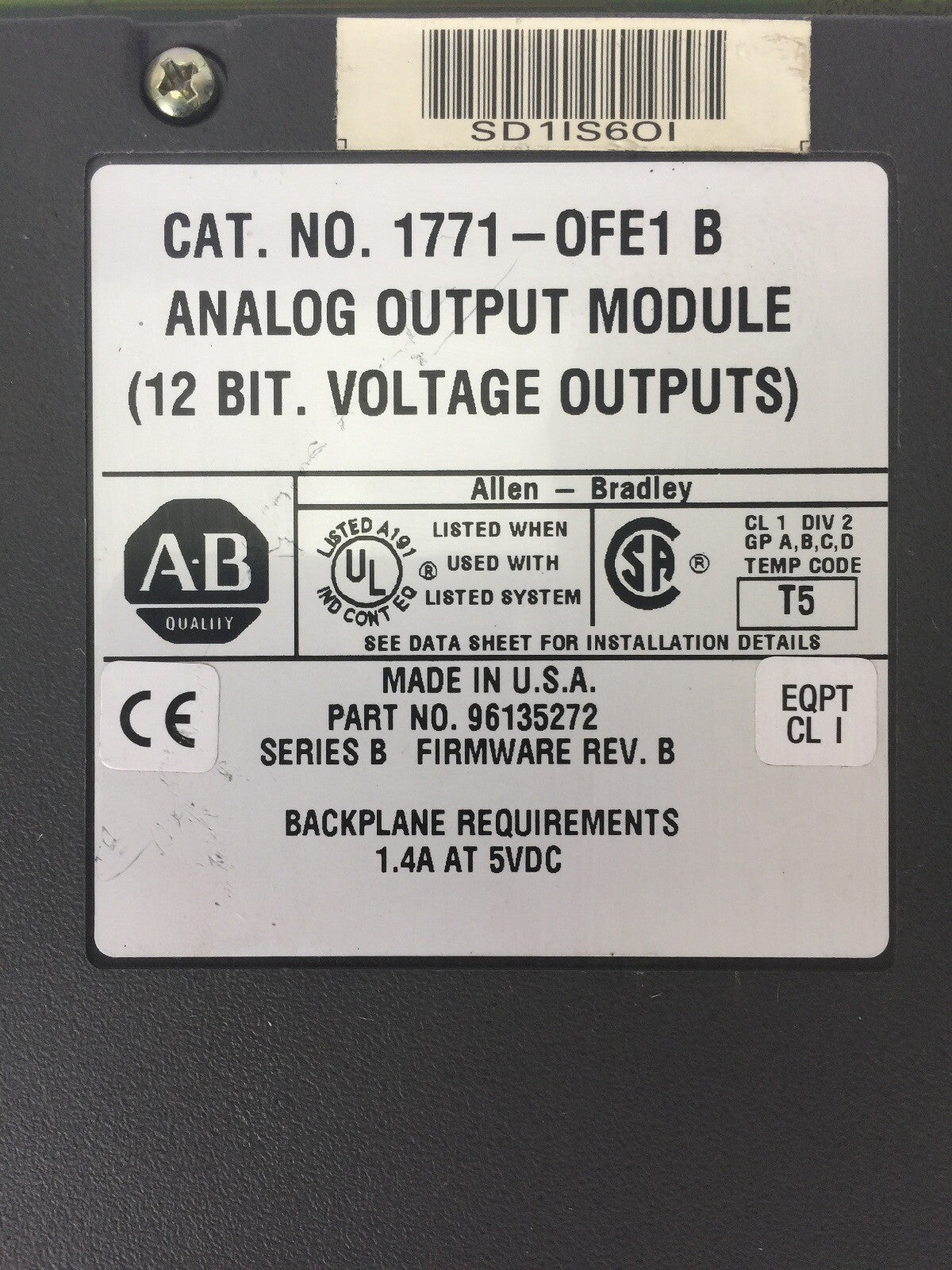 ALLEN BRADLEY 1771-OFE1 ANALOG OUTPUT MODULE (12 BIT VOLTAGE OUTPUTS) SERIES B