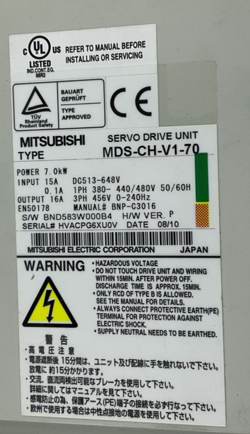 MITSUBISHI MDS-CH-V1-70 SERVO DRIVE UNIT 7KW 648V H/W VER.P 15A 240HZ