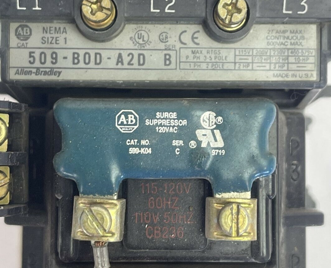 ALLEN BRADLEY 509-BOD-A2D SER B SIZE 1 STARTER 27A 600VAC 10HP 592-A2DA 1-2.9A