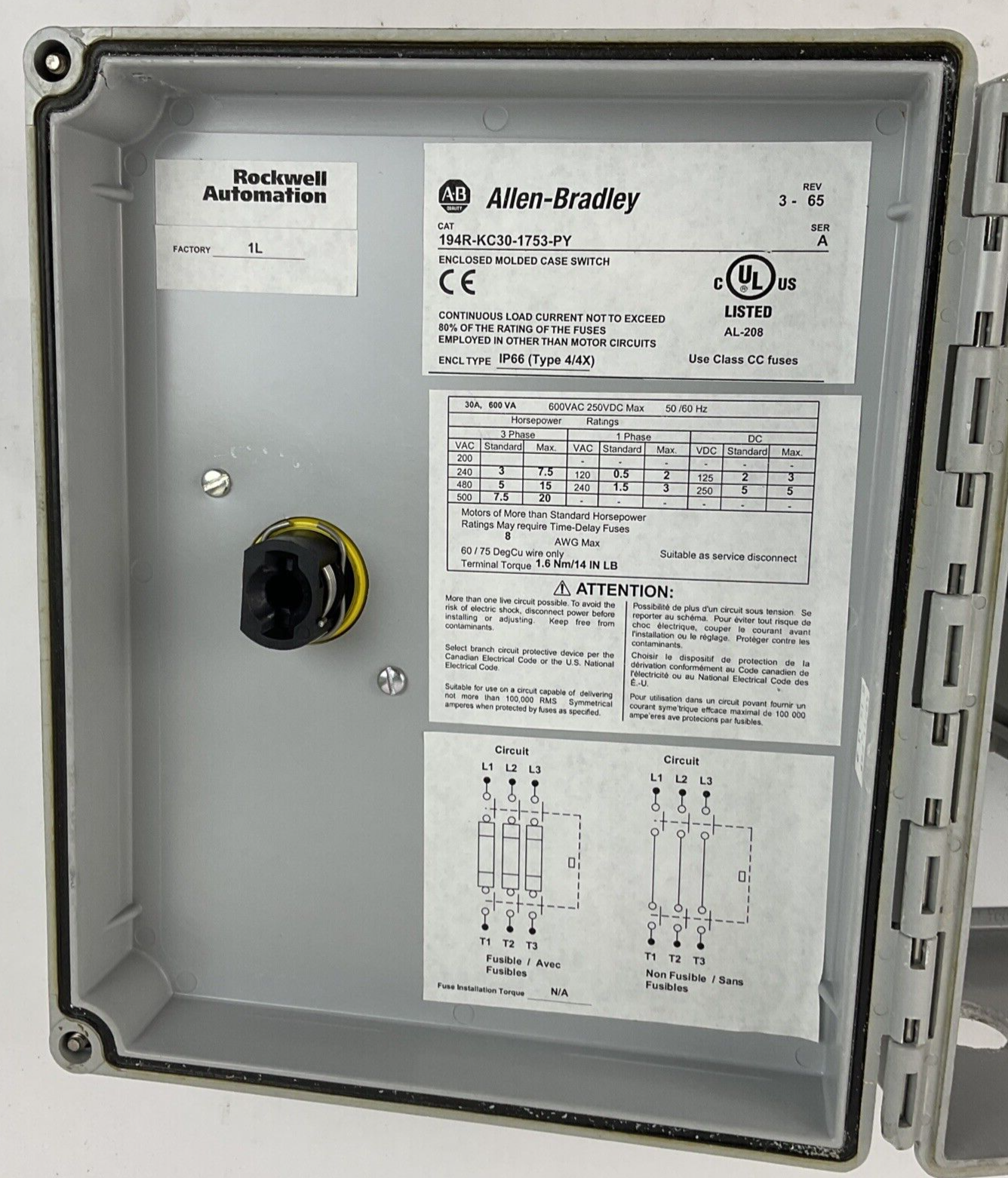 ALLEN BRADLEY 194R-KC30-1753-PY ENCLOSED MOLDED CASE SWITCH REV.3-65 SER.A