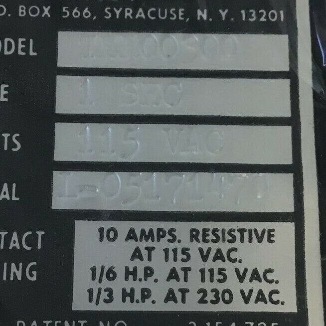 SYRACUSE TER-00300 RELAY 1SEC 115VAC 10A
