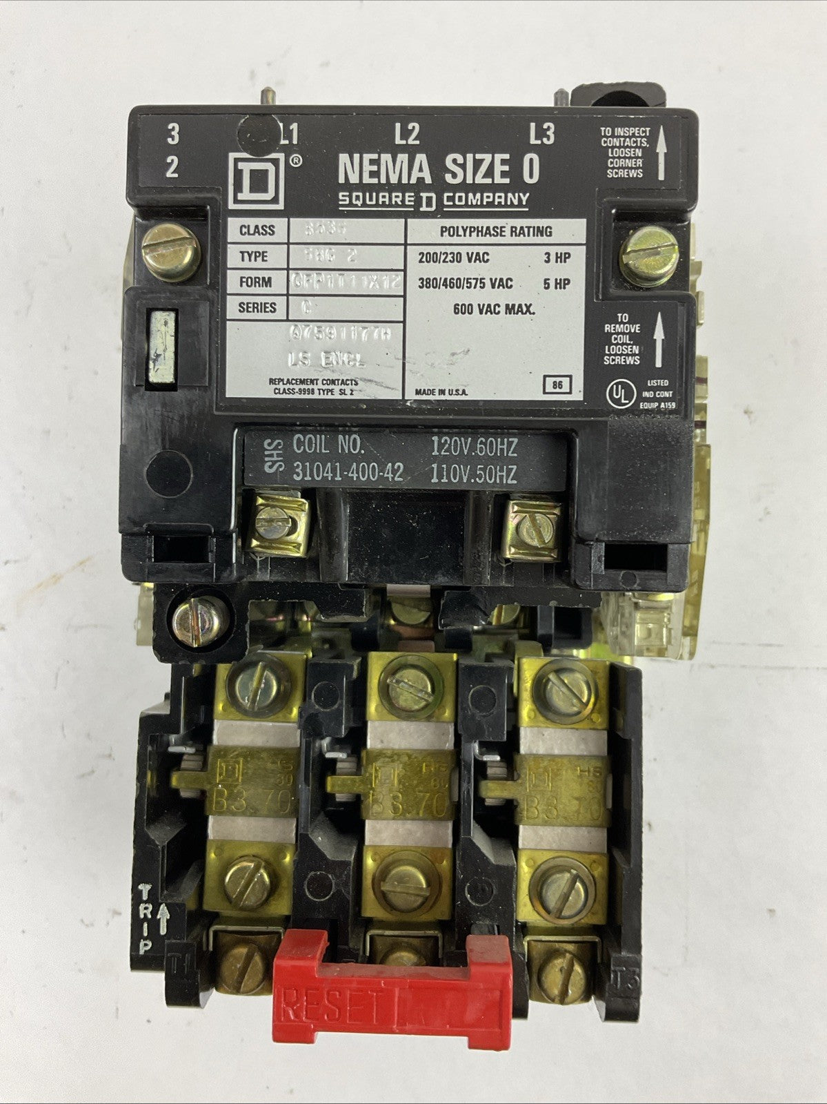 SQUARE D 8536SBG2 SIZE 0 STARTER 600VAC 5HP B3.70 HEATERS 31041-400-42 COIL 120V