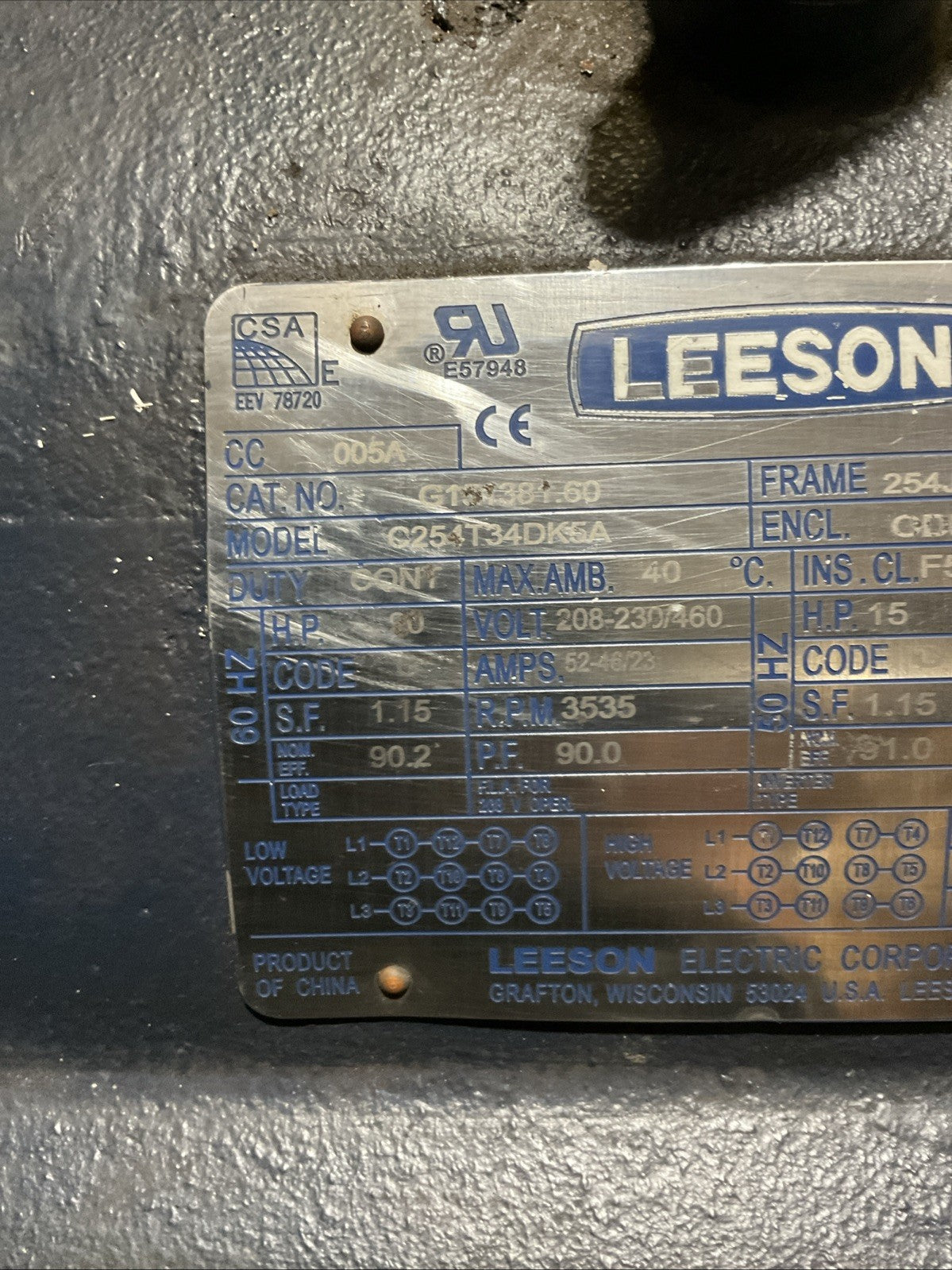 LEESON G151381.60 20HP 3535 RPM 208-230/460V 60HZ 3 PHASE 1-1/4" SHAFT DIA