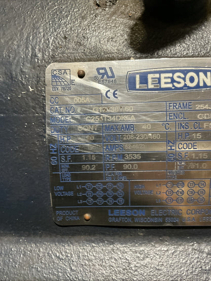 LEESON G151381.60 20HP 3535 RPM 208-230/460V 60HZ 3 PHASE 1-1/4" SHAFT DIA