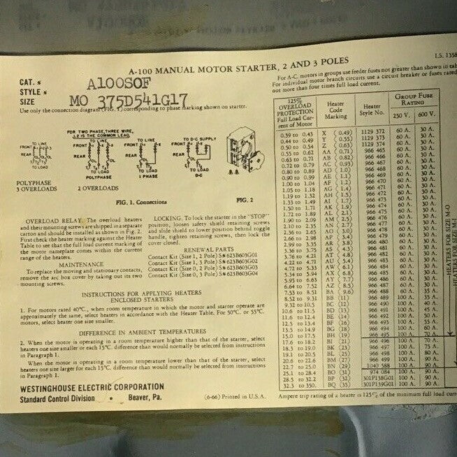 WESTINGHOUSE A100S0B MANUAL STARTER SZ.M-O 2POLE 1PH 1HP-115VAC 2HP-230VAC