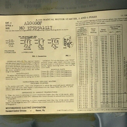 WESTINGHOUSE A100S0B MANUAL STARTER SZ.M-O 2POLE 1PH 1HP-115VAC 2HP-230VAC