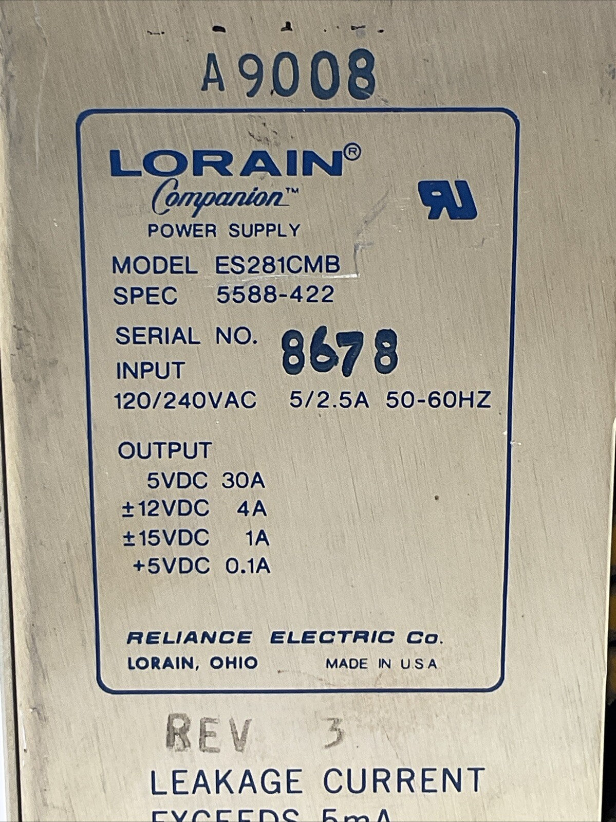 LORAIN ES281CMB POWER SUPPLY INPUT 120/240VAC OUTPUT 5VDC