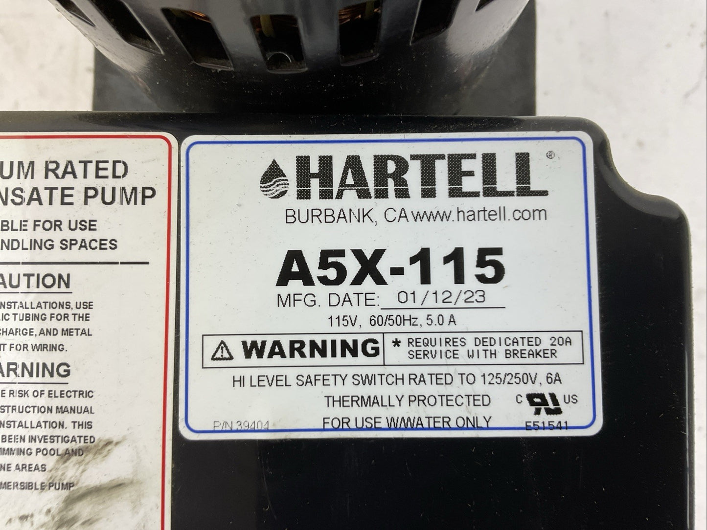HARTELL A5X-115 COMMERCIAL CONDENSATE REMOVAL PUMP 115V 50/60HZ 5.0A