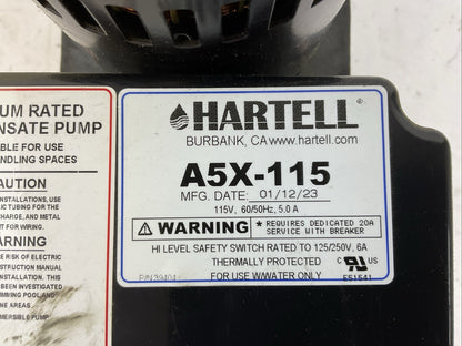 HARTELL A5X-115 COMMERCIAL CONDENSATE REMOVAL PUMP 115V 50/60HZ 5.0A