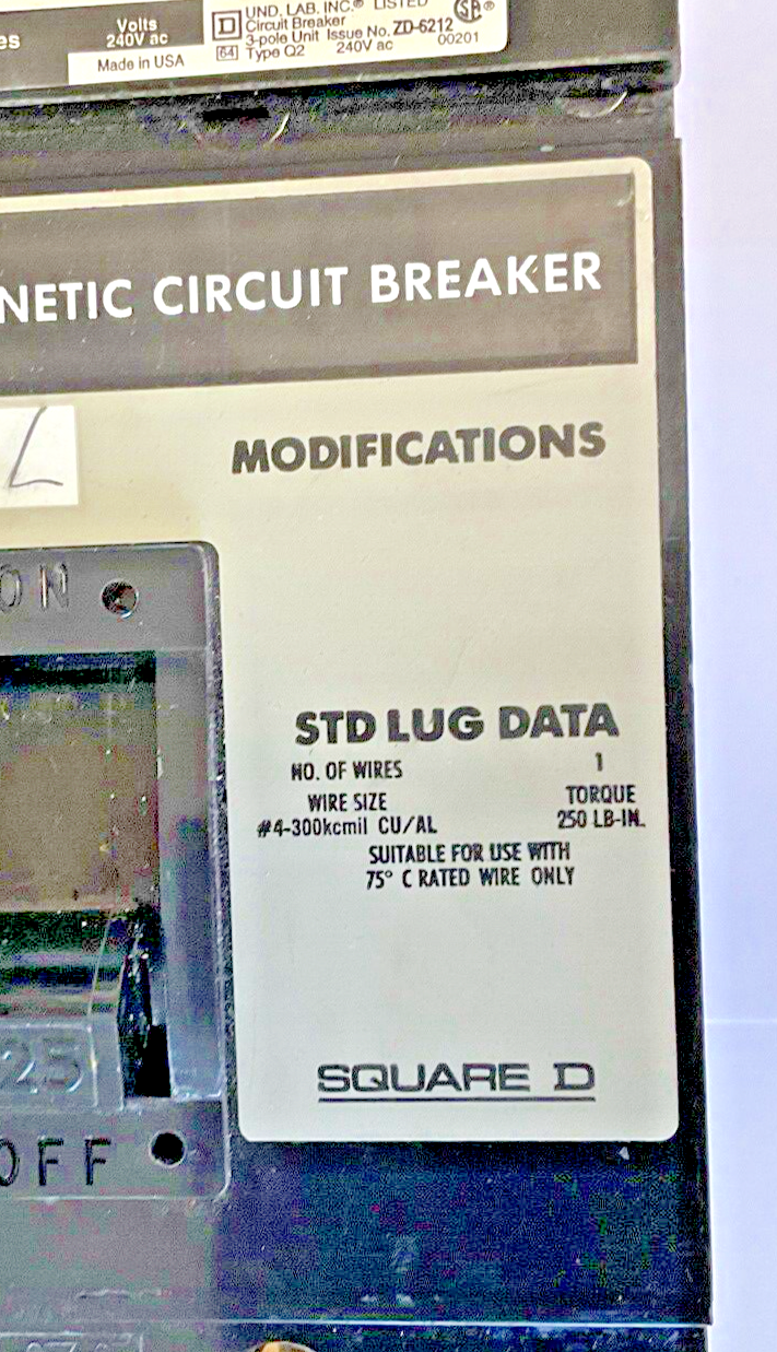 SQUARE D Q232225H CIRCUIT BREAKER 225AMP 240V