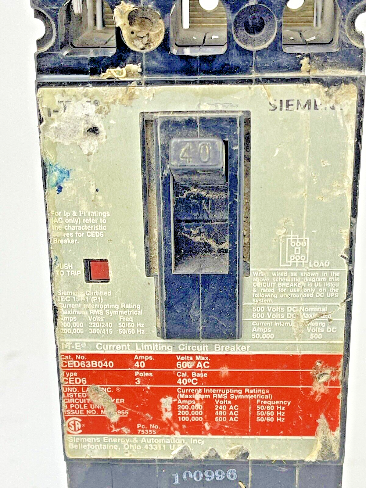 ITE - SIEMENS - CED63B040 - CIRCUIT BREAKER - 40 A, 600 VAC, 3 POLE, TYPE CED6