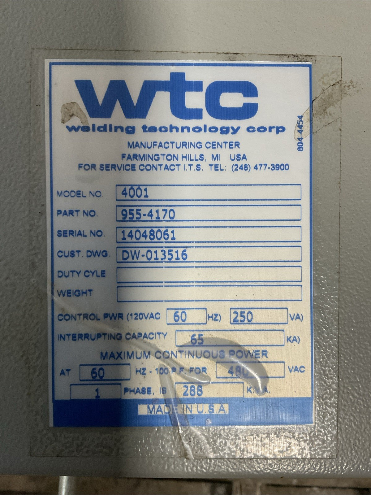 WTC MED WELD 4001 955-4170 WELDER CONTROLLER 900-8805-2M1 900-8213-4M4