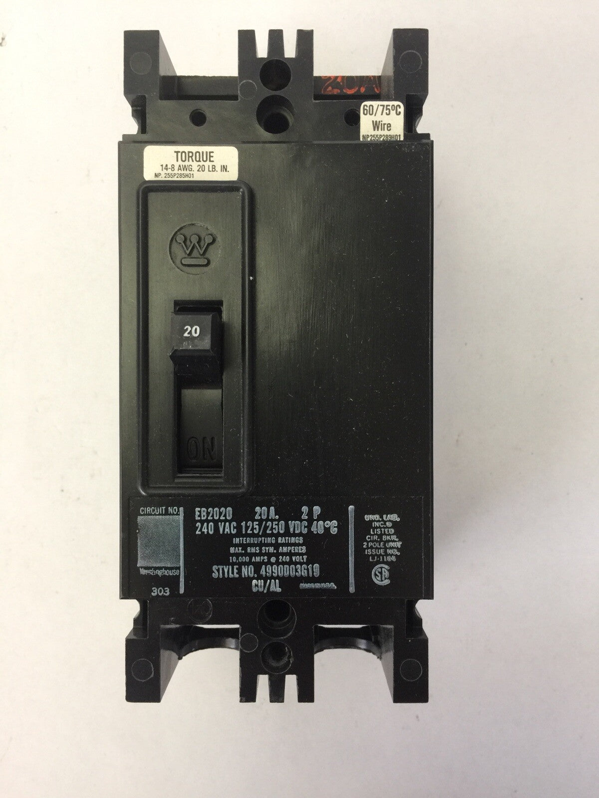 WESTINGHOUSE EB2020 EB 40C THERM MAG BKR 2P 20A 240 VAC 125/250 VDC