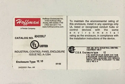 HOFFMAN 460VOLT PRIMARY 24VOLT CONTROL A242008LP