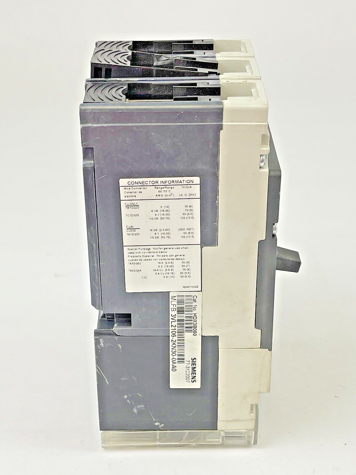 SIEMENS - HDX3B060 -CIRCUIT BREAKER-60 A, 600 VAC, FRAME-DG, 3VL2106-2KN30-0AA0