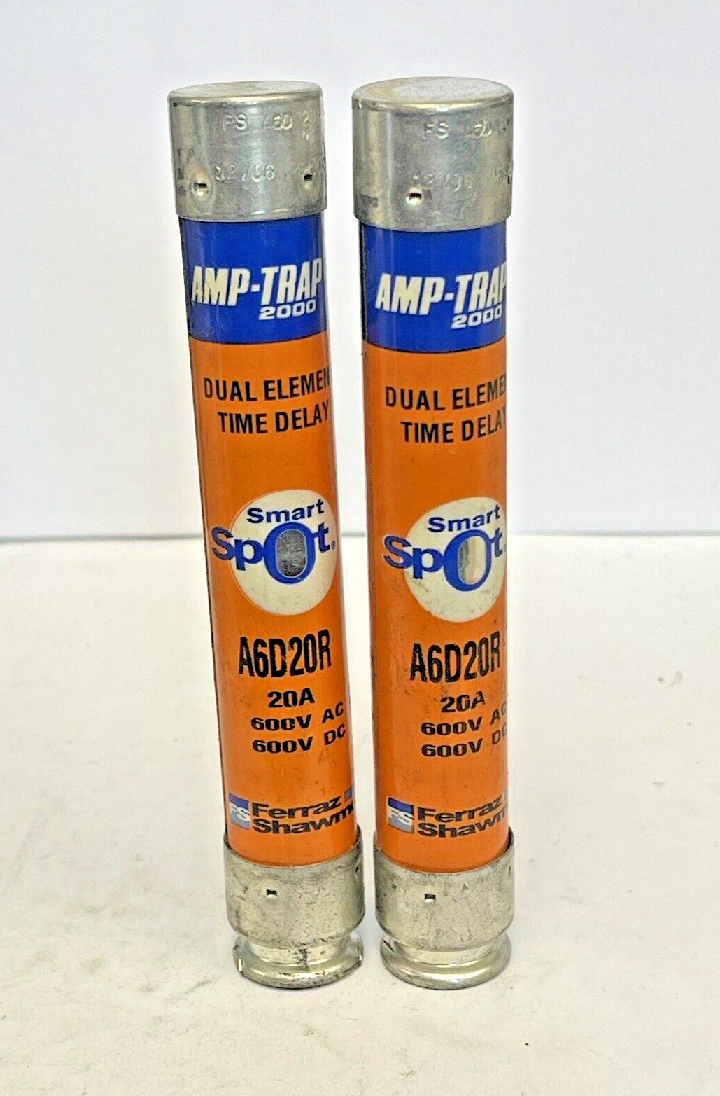 FERRAZ SHAWMUT *LOT OF 2* - A6D20R - 20 AMP, 600 VAC, TIME-DELAY, DUAL-ELEMENT