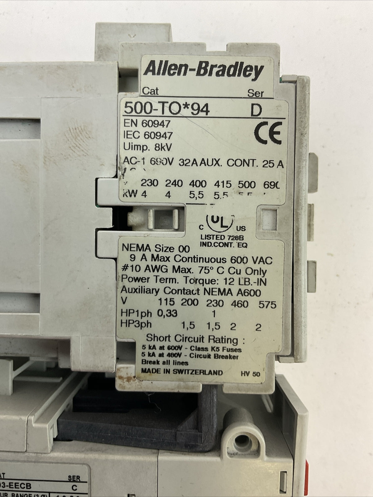 ALLEN BRADLEY STARTER (500-TO*94 SER D COIL 120V + 193-EECB SER C 1.0-5.0A)