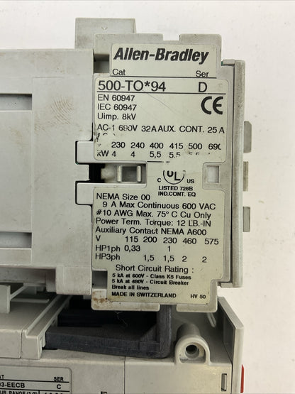 ALLEN BRADLEY STARTER (500-TO*94 SER D COIL 120V + 193-EECB SER C 1.0-5.0A)