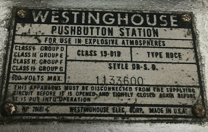 WESTINGHOUSE TYPE HDCE PUSHBUTTON STATION 1133600 CLASS 15-010 600VOLTS