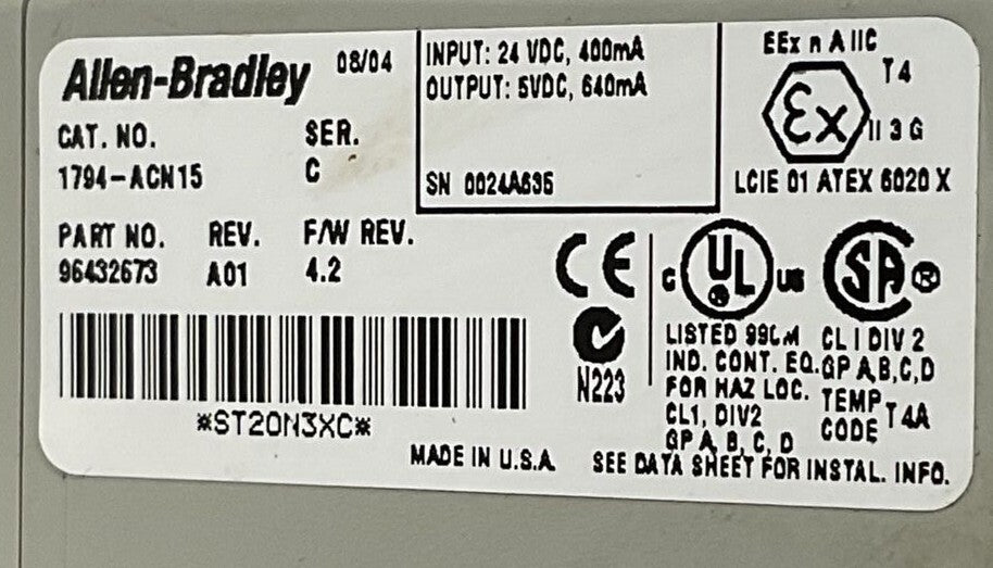 ALLEN BRADLEY 1794-ACN15 SER C REV A01 F/W REV 4.2 FLEX I/O CONTROL NET ADAPTER