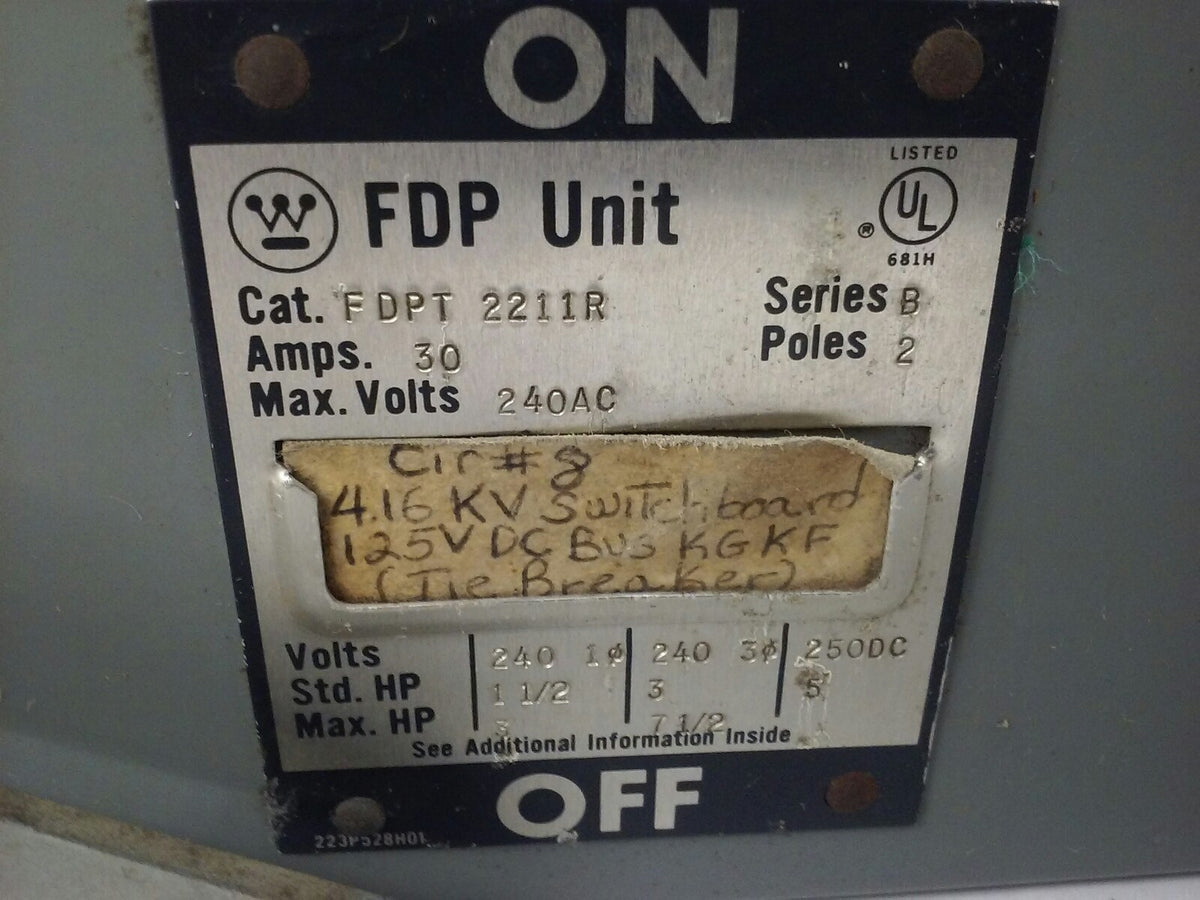WESTINGHOUSE FDPT2211R SER.B FUSIBLE TWIN PANELBOARD SWITCH 30A 240V 2P 7.5HP