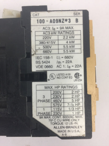 ALLEN BRADLEY 100-A09NZ*3 CONTACTOR SER B 600VAC 9A NB174 COIL 24VDC