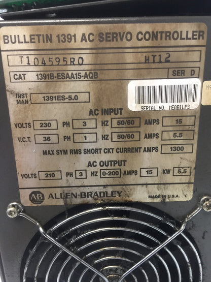 ALLEN BRADLEY 1391B-ESAA15-AQB AC SERVO CONTROLLER INPUT 230V 15A OUTPUT 210 V