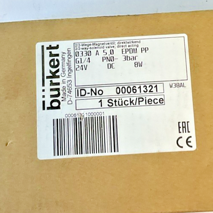 BURKERT 0330 A 5.0 SOLENIOD VALVE 3BAR  24VDC 8W
