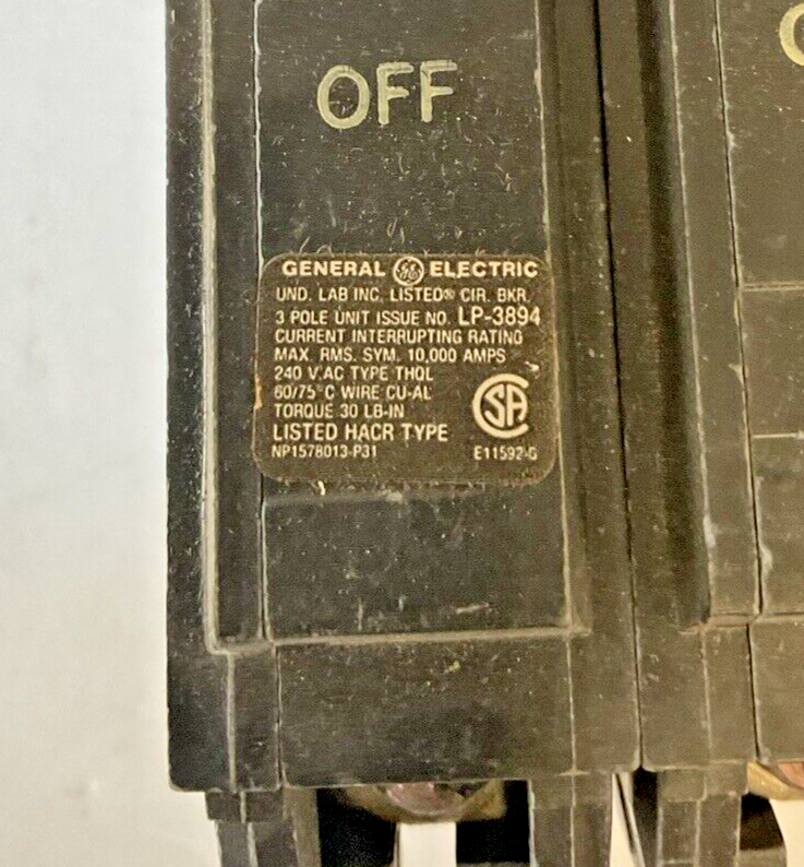 GENERAL ELECTRIC THQL32020 CIRCUIT BREAKER 20A 3POLE 240VAC