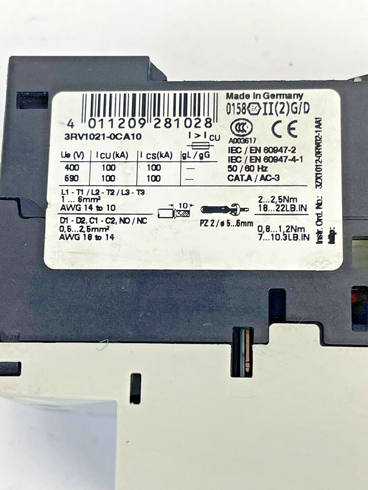 SIEMENS - 3RV1021-0CA10 - CIRCUIT BREAKER / MOTOR PROTECTOR
